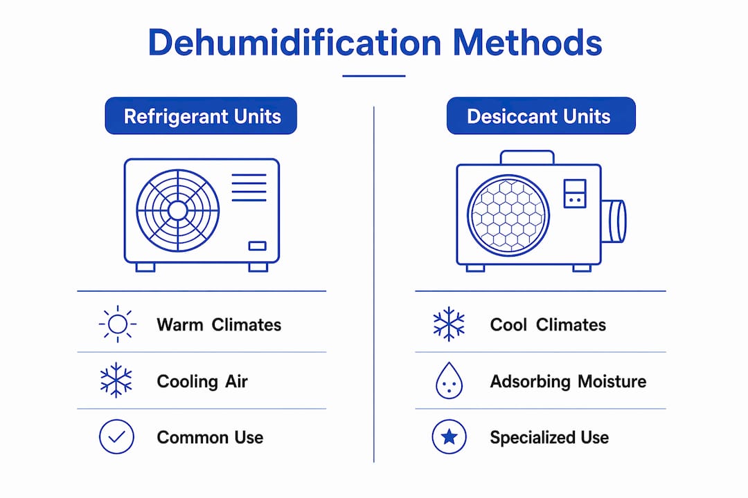 Infographic comparing refrigerant and desiccant dehumidifiers
