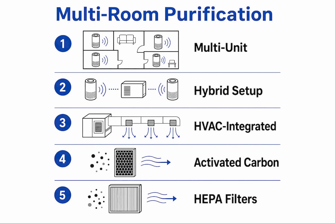 Infographic illustrating multi-room purification methods