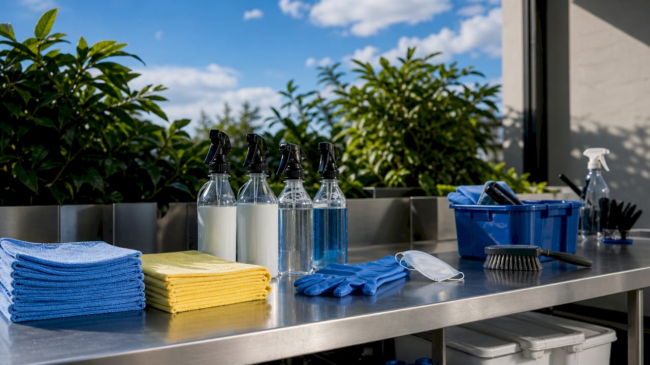 Cleaning tools and safety gear on countertop