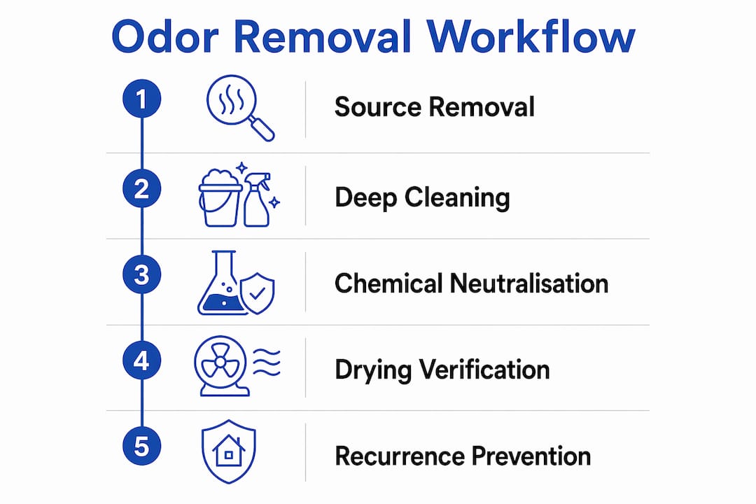 Infographic illustrating step-by-step odor removal workflow
