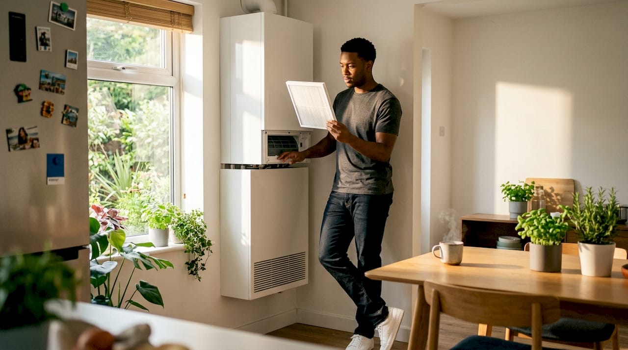 Man inspecting HVAC air filter indoors