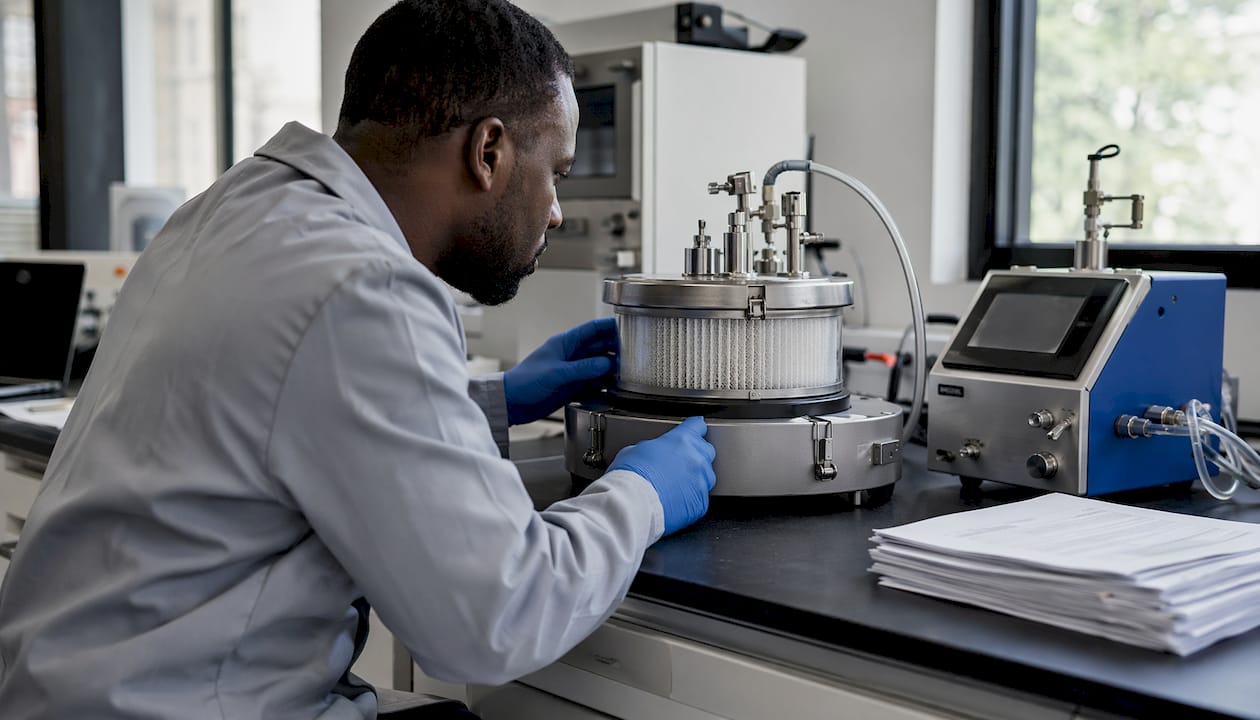 Technician testing HEPA filter efficiency in lab