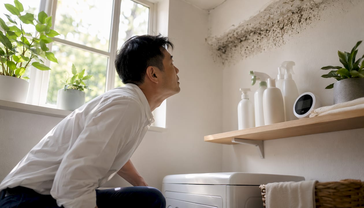 Man inspecting mold growth caused by high humidity