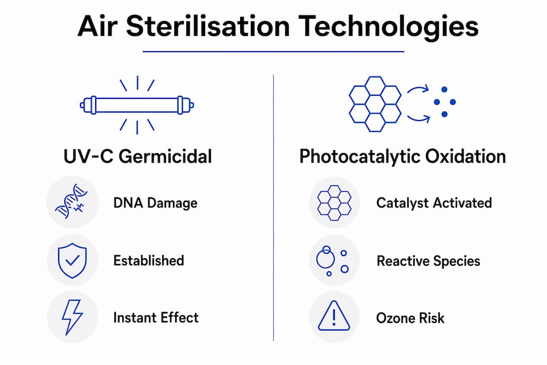 Infographic comparing two air sterilisation technologies
