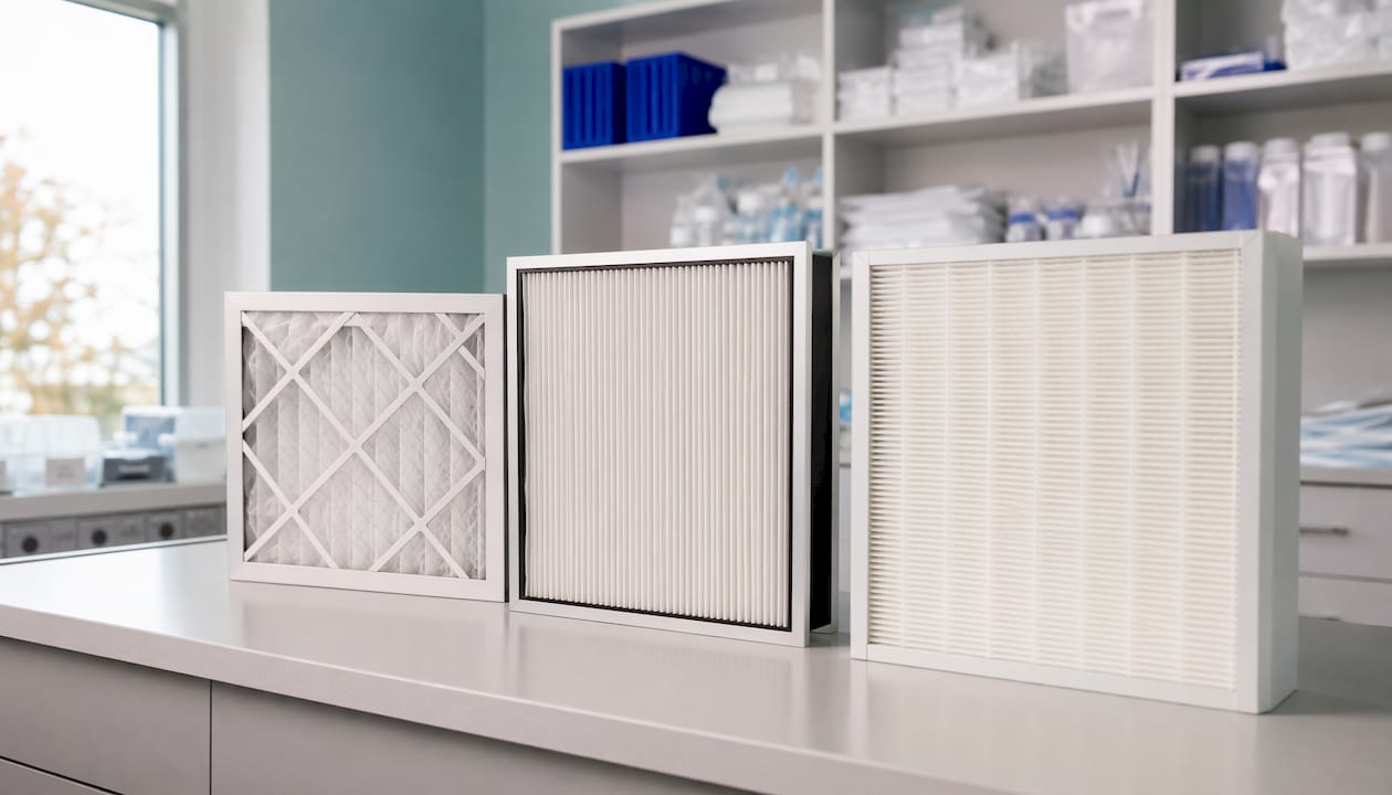 Close-up of various hospital air filters on bench