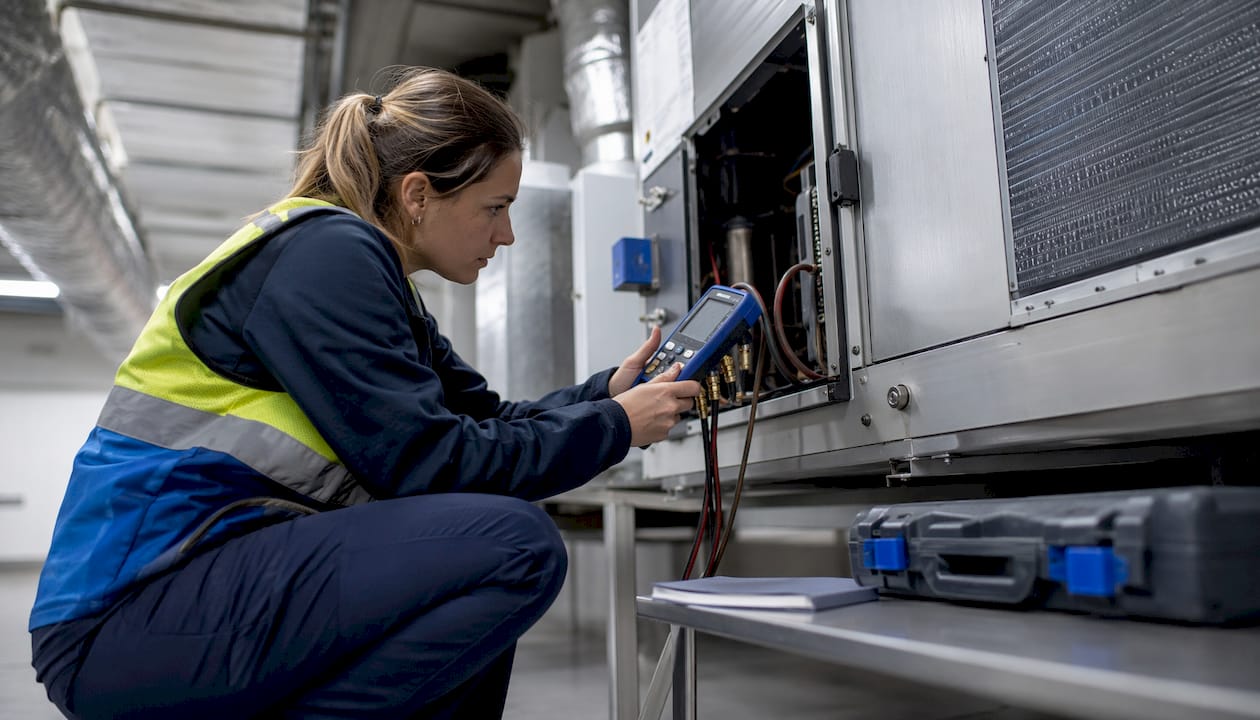 Technician measuring air filter differential pressure
