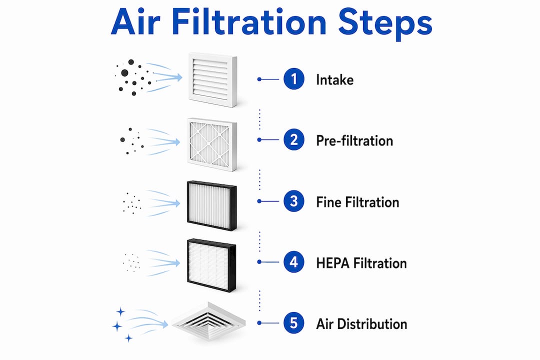 Infographic explaining air filtration process steps