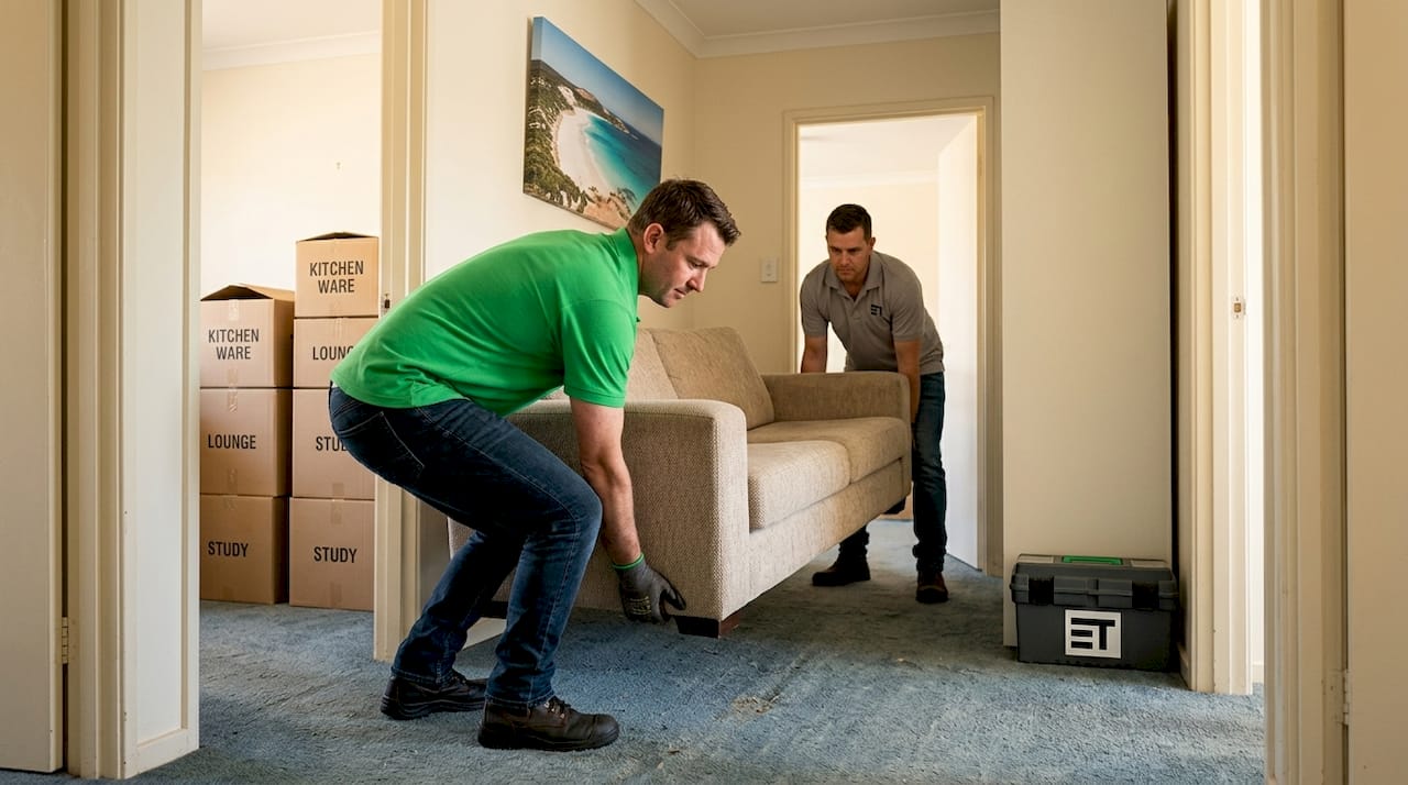 Two men lifting a couch safely together