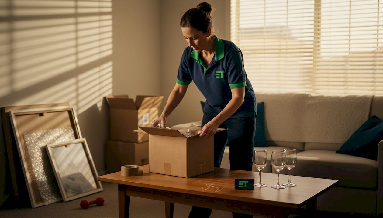 Removalist unpacking glassware in home living room