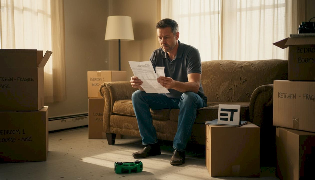 Man reading unexpected moving bill at home