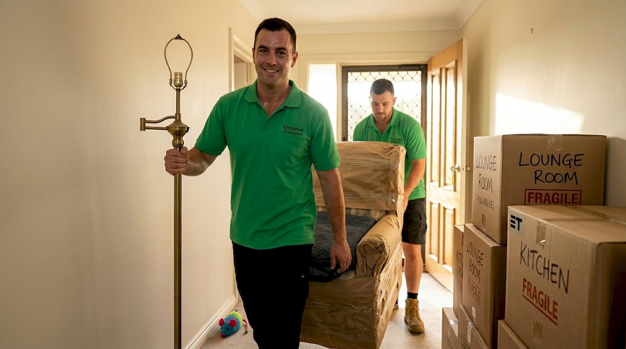Movers carefully carrying armchair down hallway