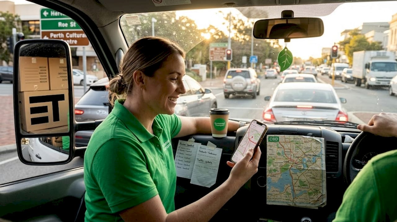 Woman checks traffic in packed moving van