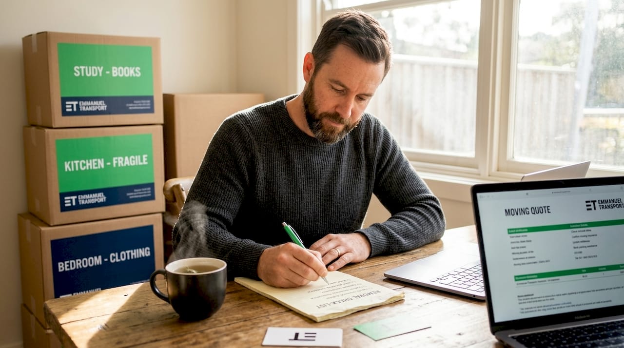 Man organizing moving checklist at dining table