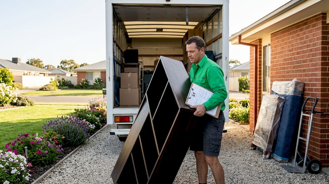 Man loading bookshelf into moving truck driveway