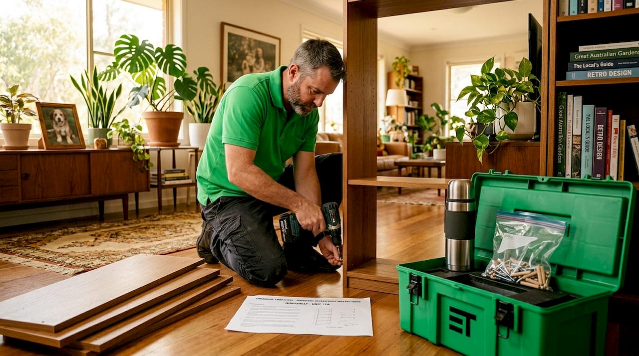 Man disassembling bookshelf in garage