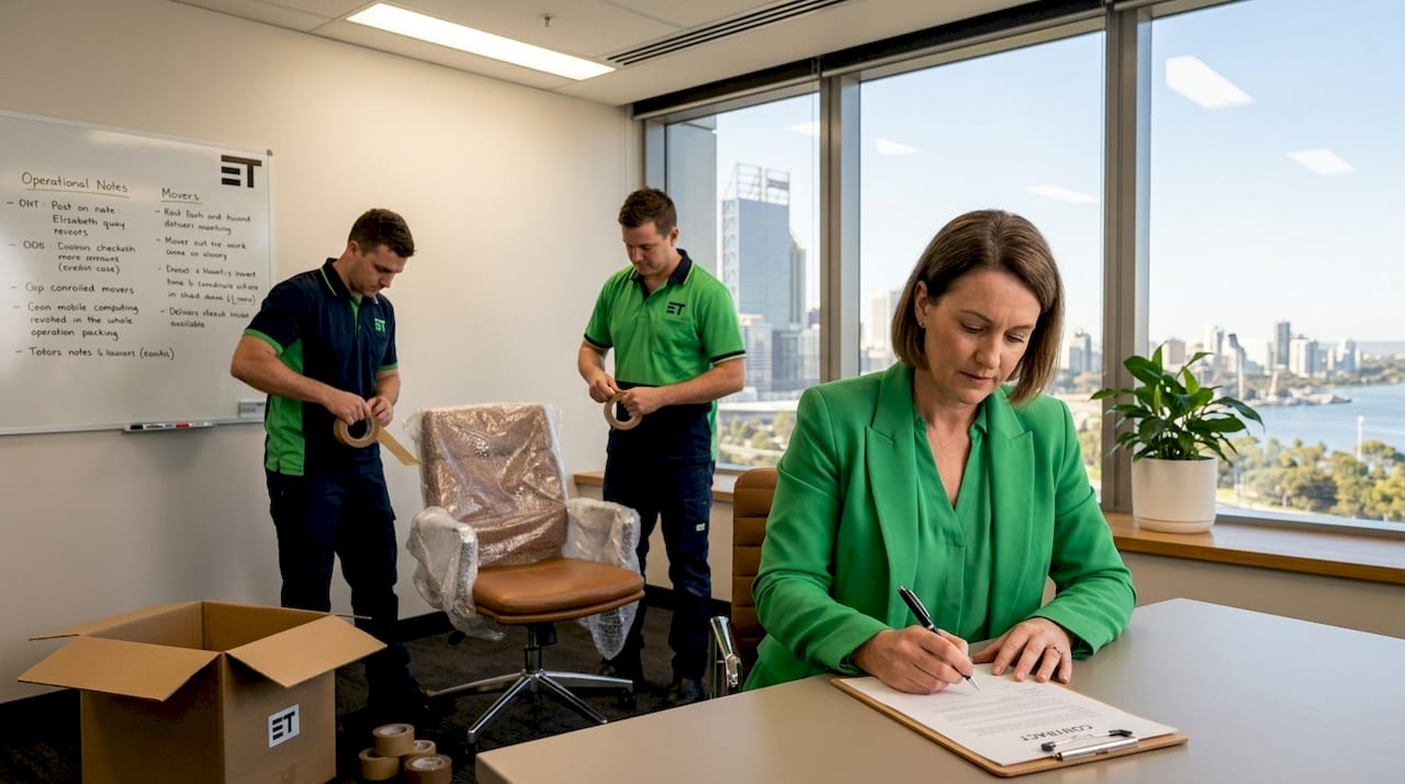 Office manager oversees movers wrapping furniture
