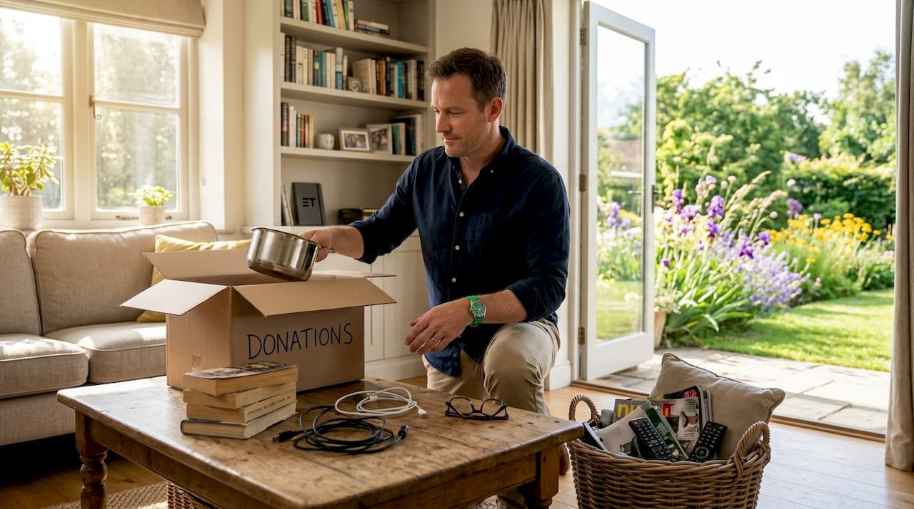 Man sorting items to declutter kitchen