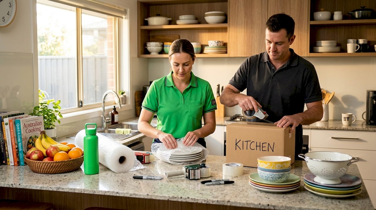 Packing crew wrapping and boxing dishes in kitchen