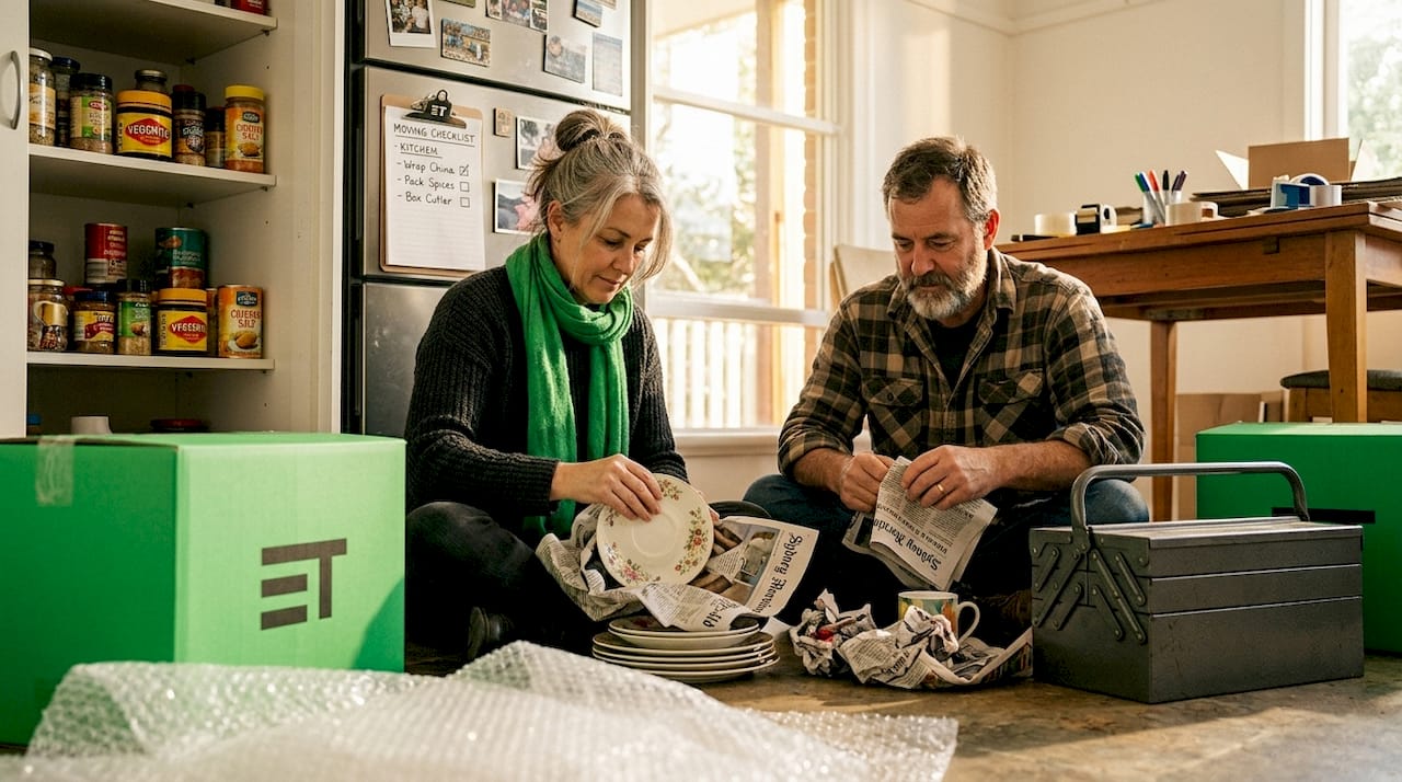 Couple preparing belongings for a DIY move
