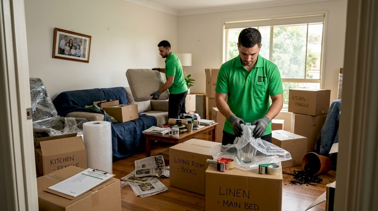 Movers packing fragile items in living room