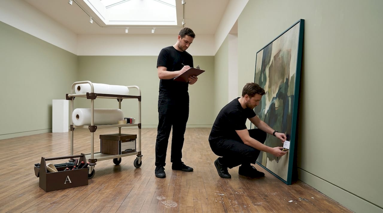 Gallery staff measuring and logging artwork