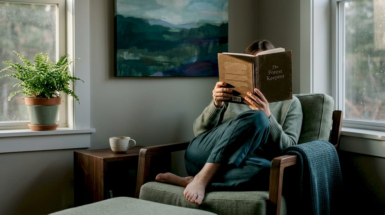 Reading nook with abstract landscape artwork