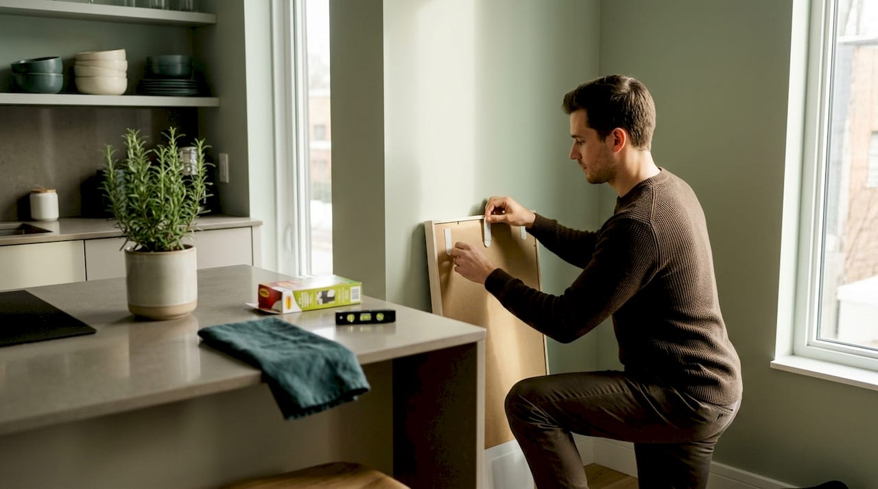 Renter using adhesive strips to hang art
