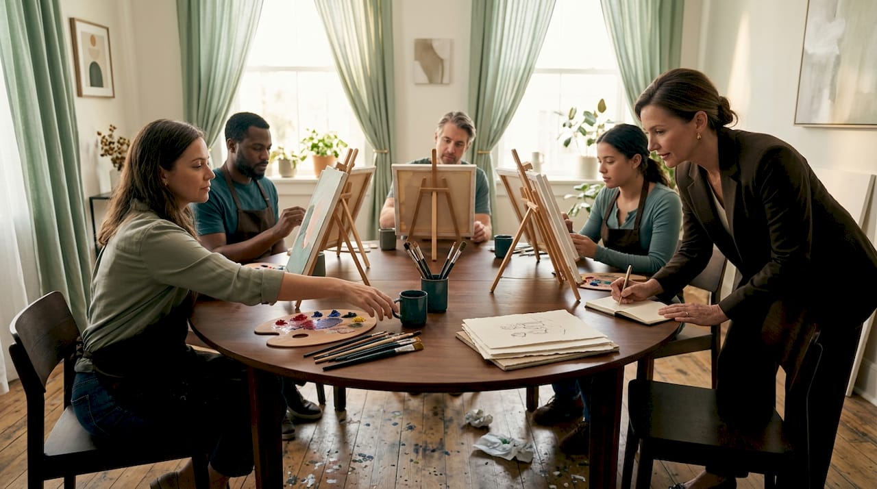 Adults participate in group art therapy session