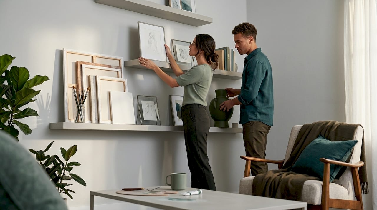 Couple arranging art in safe home space