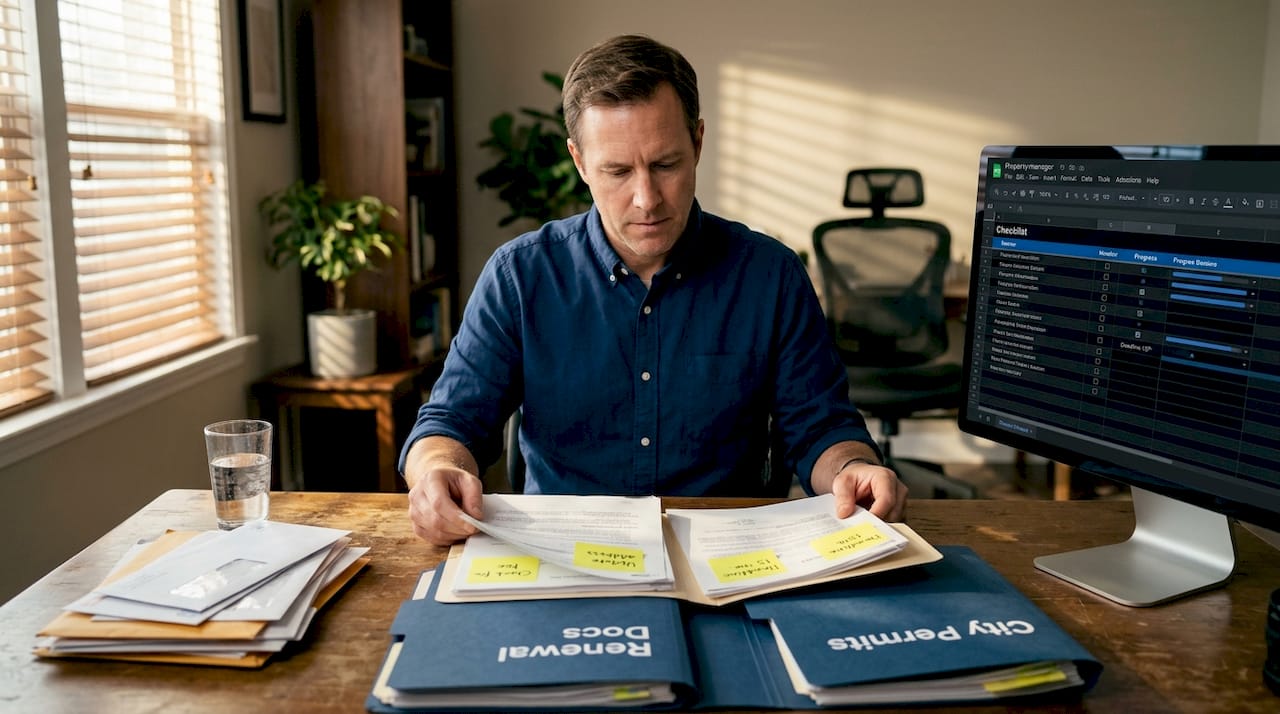 Property manager reviewing renewal documents at desk