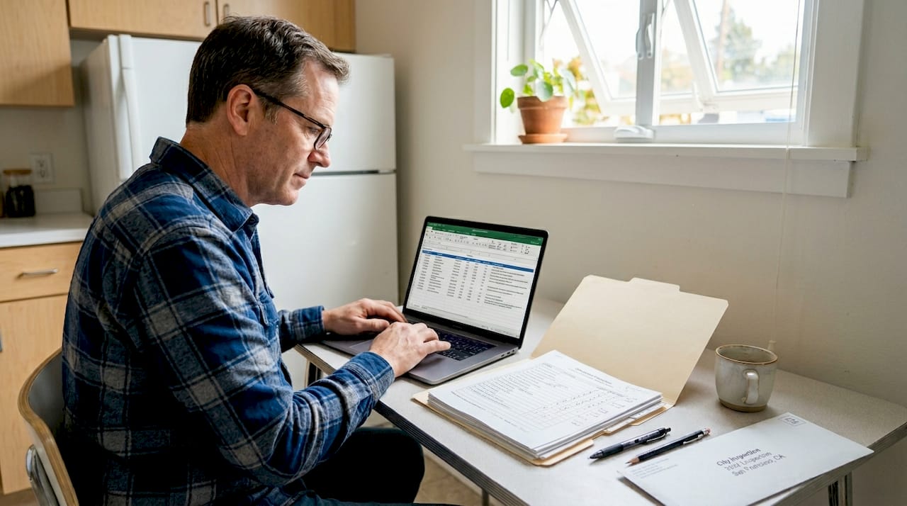 Host recording inspection details at kitchen table