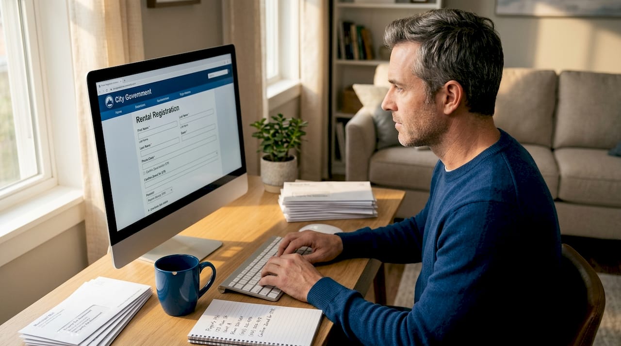 Man registering rental property online at home