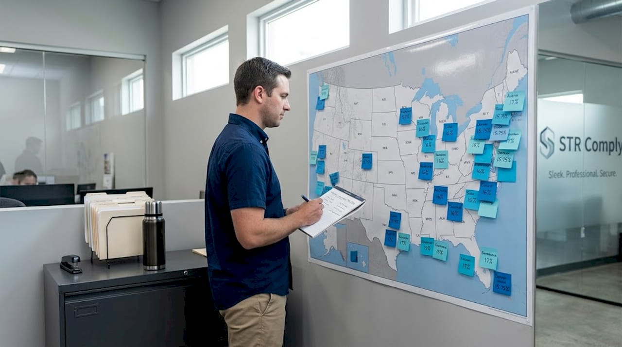 Manager comparing tax rates on U.S. map