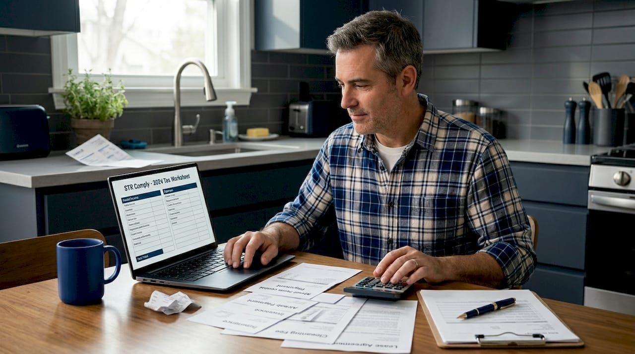Man sorting STR tax documents at kitchen table