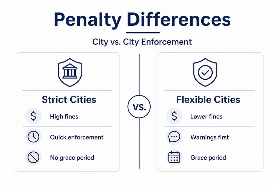 Infographic comparing strict and flexible city penalties