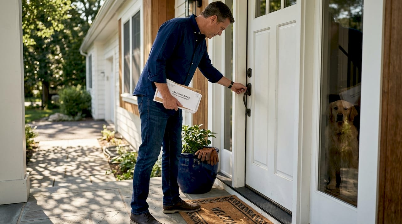 Homeowner opening door with permit letter