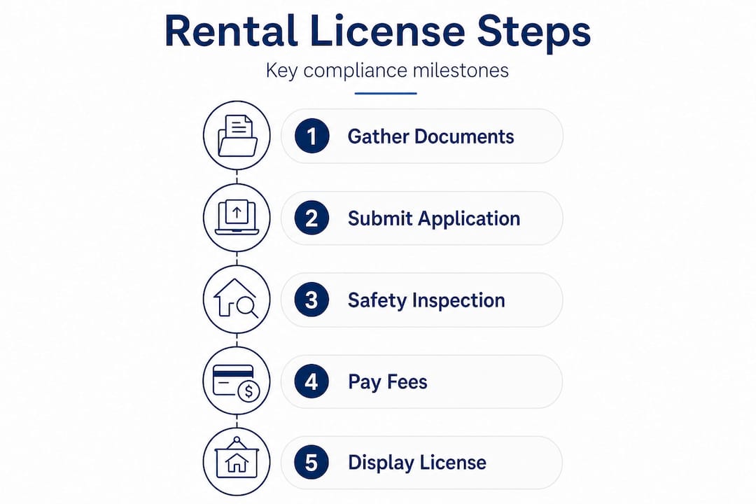 Vertical flow infographic of rental license compliance steps