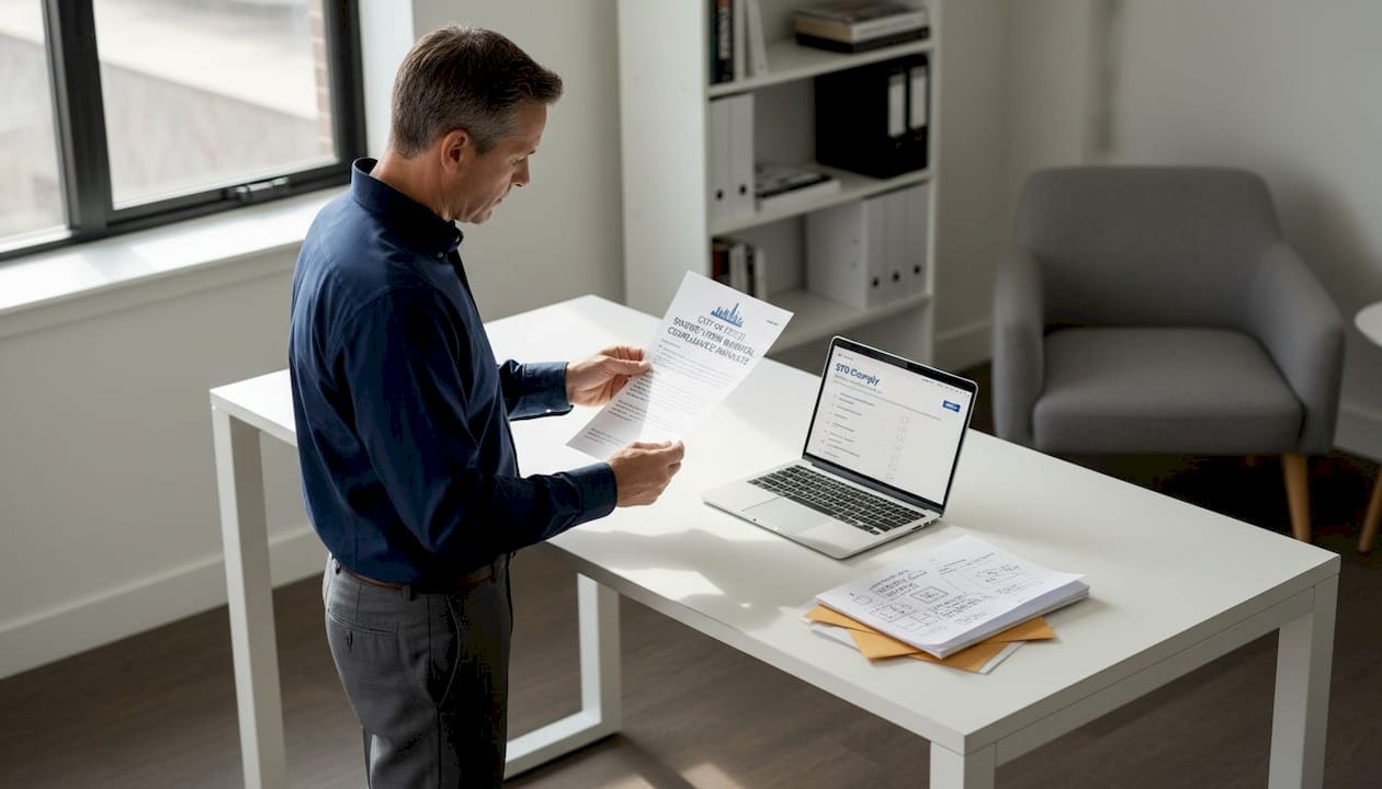 Man reviewing short-term rental compliance notice