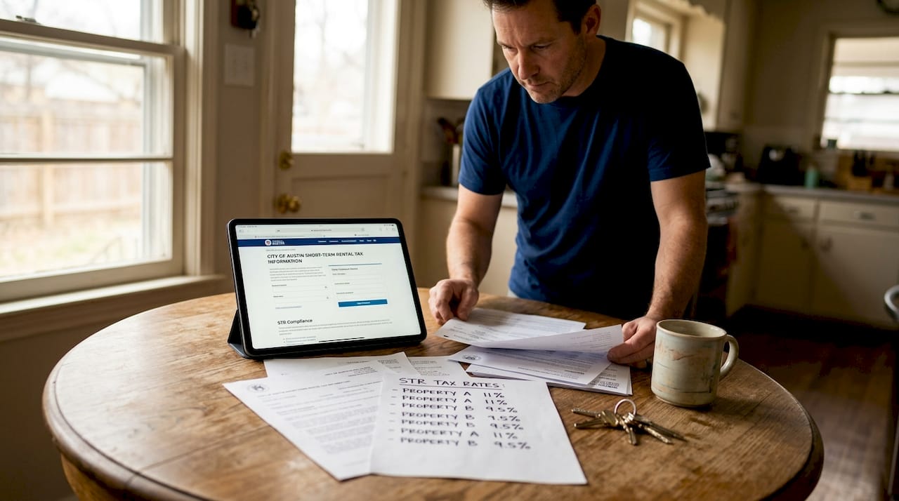 Man reviewing local STR tax notice at kitchen