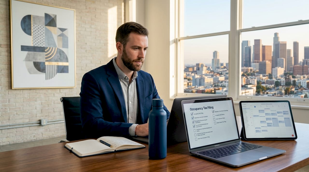 Host using laptop for occupancy tax compliance checklist