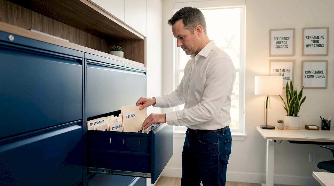 Man files property compliance folders in home office