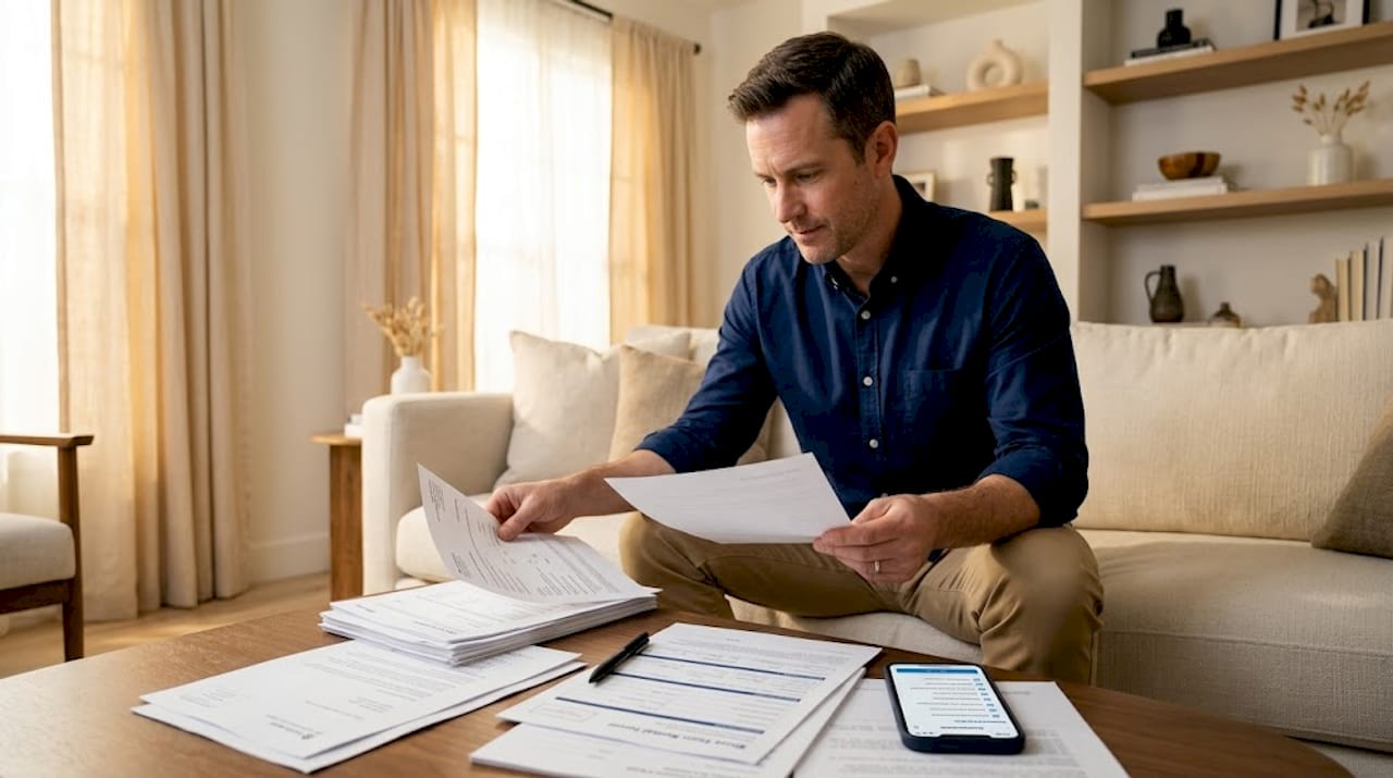 Man reviewing rental registration documents at home