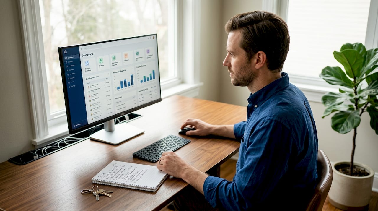 Host using property management software at desk