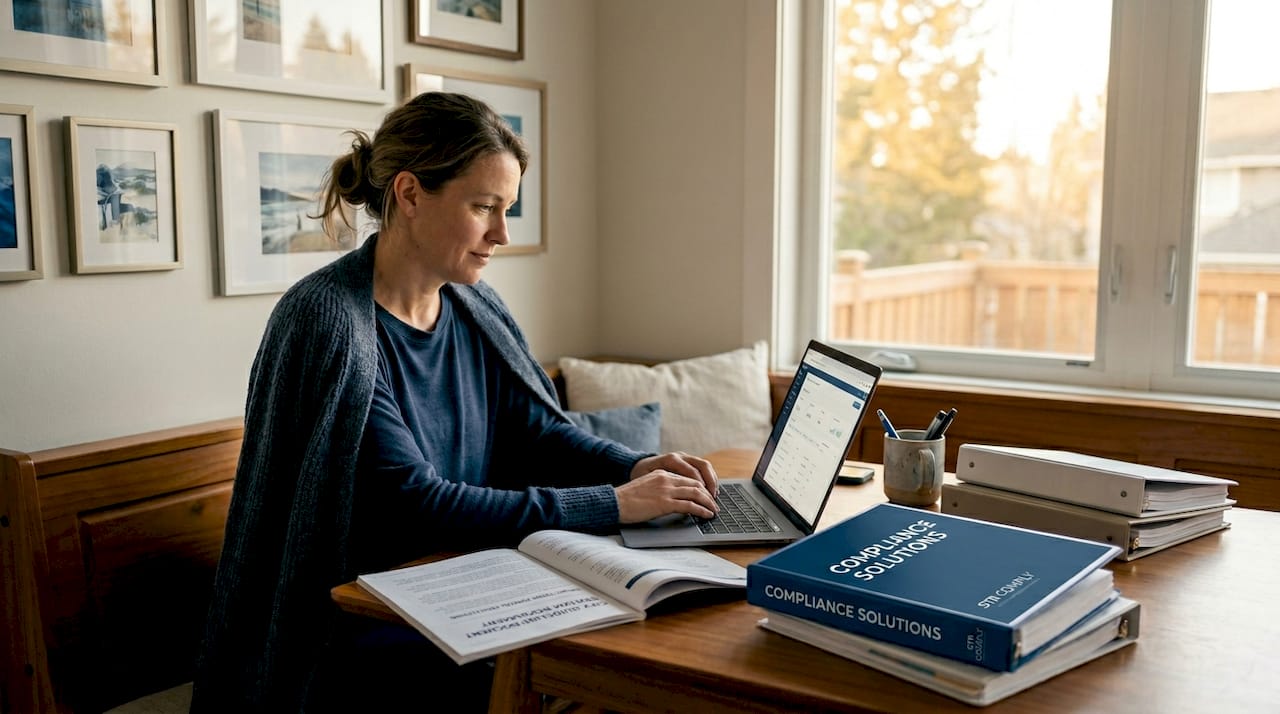 Rental host reviewing compliance at kitchen table
