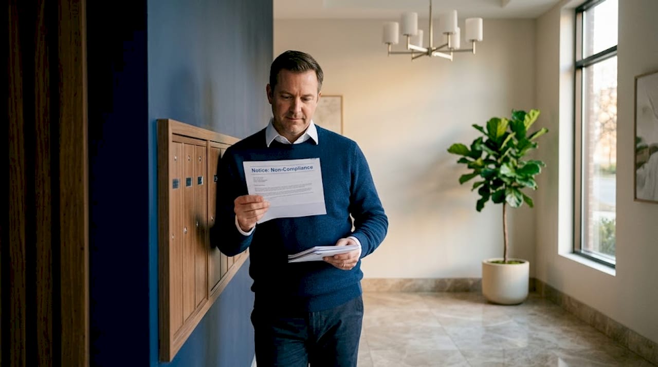 Landlord opening compliance notice at mailbox