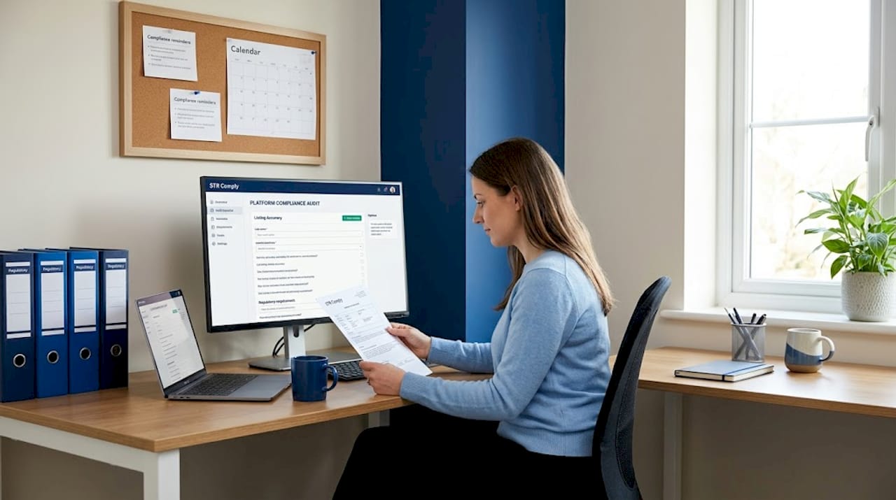 Woman reviewing platform compliance audit documents