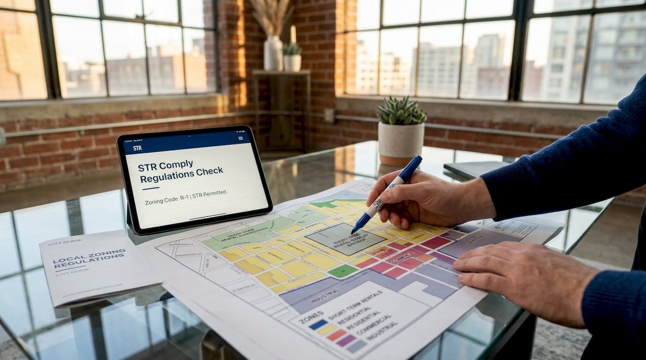 Hands marking city zoning map for rental compliance