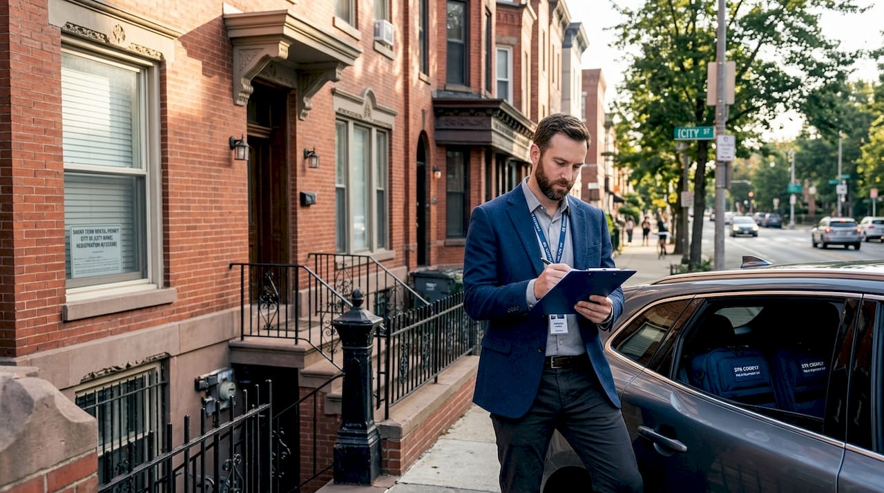 Auditor inspecting short-term rental property exterior