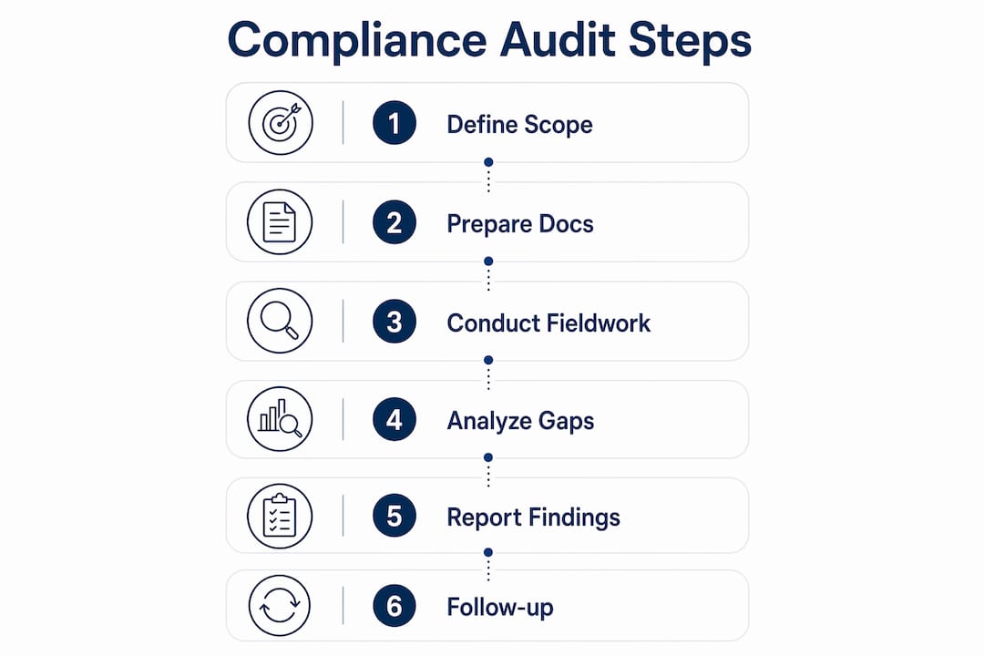Infographic showing six-step compliance audit process flow