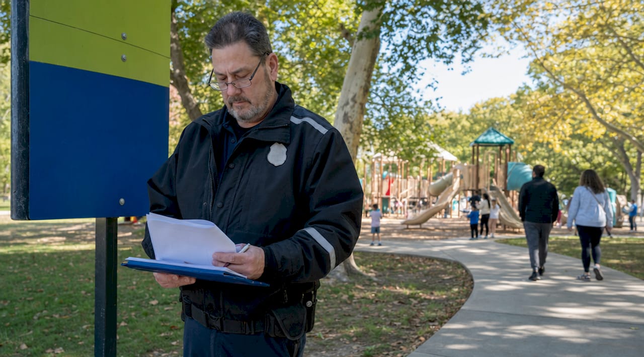 Officer inspecting short-term rental permits outdoors